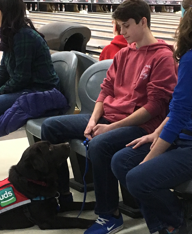 Maria’s teenage son, shown here, sitting on a chair next to one of the UDS service dogs.